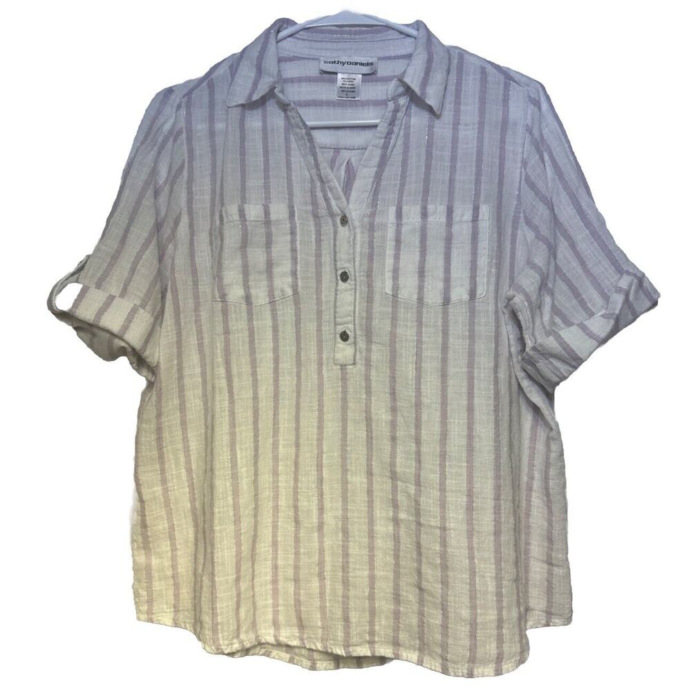 Cathy Daniels Metallic Striped Shirt Collared Button Short Sleeve Blouse Size L